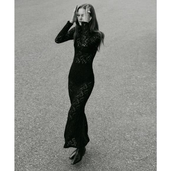 ENZA COSTA Puckered Lace Mockneck Dress Womens Small Black Long Sleeve Maxi NEW